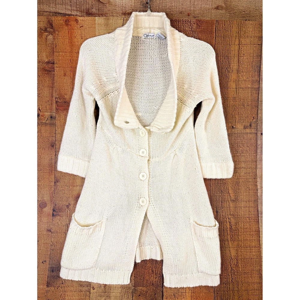 Red Paint Cardigan Womens Medium Cream Shawl Collar Knit Pockets Cottagecore